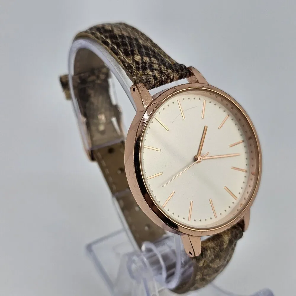38MM Women's Watch Light Gold Dial Snake Faux Leather Bands New Battery‎
